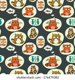 Seamless pattern with cute colorful cartoon cats and fish. Hand drawn animal background.