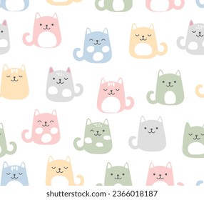 Seamless pattern of cute colorful cartoon cats, vector design for fabric, cover, background, wallpaper designs