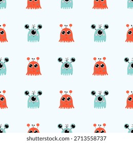 Seamless pattern with cute colorful cartoon monsters on a light background.