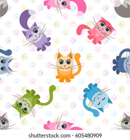 seamless pattern with cute colorful cartoon cats