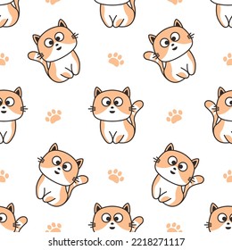 Seamless pattern of cute colorful cat cartoon. Happy meow. Animals character design. Cute background for textile print, wrapping paper, baby clothing.