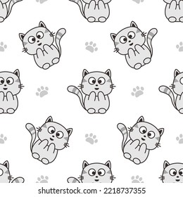 Seamless pattern of cute colorful cat cartoon. Happy meow. Animals character design. Cute background for textile print, wrapping paper, baby clothing. Pattern Cat