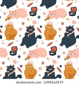 Seamless pattern of cute colorful cat cartoon. Happy meow. Animals character design. Image for cards, posters, and baby clothing. Kawaii. Vector Illustration.