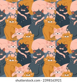 Seamless pattern of cute colorful cat cartoon. Happy meow. Animals character design. Image for cards, posters, and baby clothing. Kawaii. Vector Illustration.