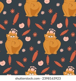 Seamless pattern of cute colorful cat cartoon. Happy meow. Animals character design. Image for cards, posters, and baby clothing. Kawaii. Vector Illustration.