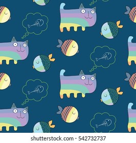 Seamless pattern with cute colorful cat and fish.