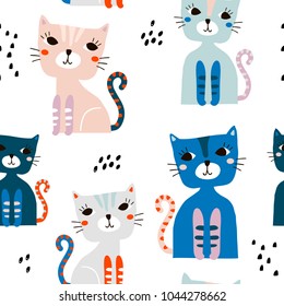 Seamless pattern with cute colorful cats and hand drawn elements. Creative childish texture. Great for fabric, textile Vector Illustration