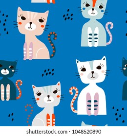 Seamless pattern with cute colorful cats and hand drawn elements. Creative childish texture. Great for fabric, textile Vector Illustration