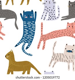 Seamless pattern with cute colorful cats. Creative childish texture. Great for fabric, textile Vector Illustration