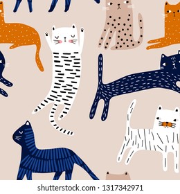 Seamless pattern with cute colorful cats. Creative childish texture. Great for fabric, textile Vector Illustration