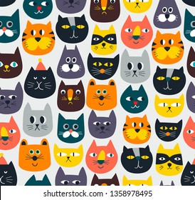 Seamless pattern with cute colorful Cats and Kittens. Creative childish texture hand drawn in retro scandinavian style. Great for baby fabric, textile or wallpaper. Vector endless  Illustration.