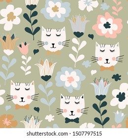 Seamless pattern with cute colorful cats and flowers. Creative childish texture in pastel colors, vector