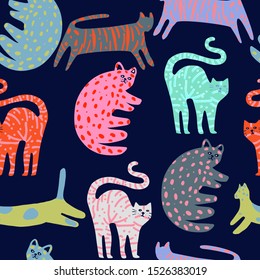 Seamless pattern with cute colorful cats . Great for fabric, textile Vector Illustration - Vector navy background.