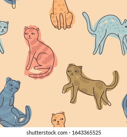 Seamless pattern with cute colorful cats. Funny kittens characters. Creative childish texture. Great for nursery fabric, textile, wall art. Vector illustration.