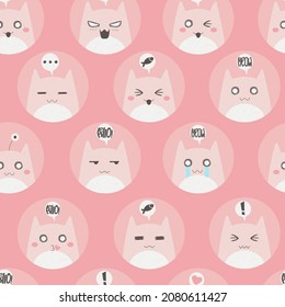 Seamless pattern with cute colorful cats with different emotion. Hand drawn cartoon kitten characters vector repeated background. Simple flat style design. 