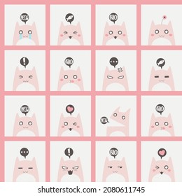 Seamless pattern with cute colorful cats with different emotion. Hand drawn cartoon kitten characters vector repeated background. Simple flat style design. 