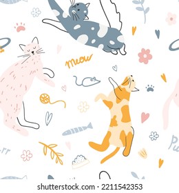 Seamless pattern with cute colorful cats. Hand drawn vector illustration of kittens for wrapping paper, fabric print, kids textile, cover, card design