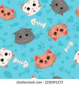 Seamless pattern with cute colorful cats of different breed. Colorful childish blue texture for fabric, textile, wrapping paper. Vector cartoon Illustration