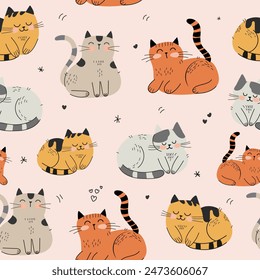 Seamless pattern with cute colorful Cats.   Funny pet charactes Hand drawn vector illustration. Good for fabric, textile 