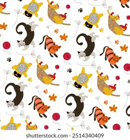 Seamless pattern with cute colorful cats in different poses