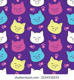 Seamless pattern with cute colorful Cats. Funny pet charactes Hand drawn vector illustration. Good for fabric, textile