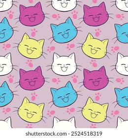 Padrão perfeito com bonitos gatos coloridos. Personagens de animais engraçados ilustração de vetor desenhada à mão. Bom para tecido, têxtil