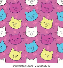 Patrón sin fisuras con lindos gatos coloridos. Personajes divertidos de mascotas Ilustración vectorial dibujada a mano. Bueno para la tela, textil