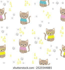 Seamless pattern with cute colorful cats on white background. Funny childish texture in flat style, perfect for fabric, textile, wallpaper, wrapping paper, cover and other. Vector Illustration