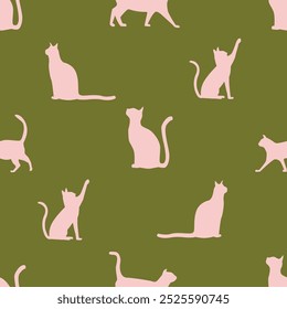 Seamless pattern with cute colorful Cats. Funny pet charactes Hand drawn vector illustration. Good for fabric, textile