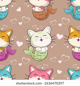 Seamless pattern with cute colorful Cats mermaid. Funny pet charactes Hand drawn vector illustration. Good for fabric, textile