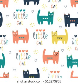 Seamless pattern with cute colorful cats, lettering and graphic elements. Vector cartoon illustration.