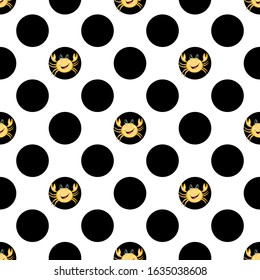 Seamless pattern with cute colorful crab on black and white polka dots background. Vector animals illustration. Adorable character for cards, wallpaper, textile, fabric, kindergarten. Cartoon style.