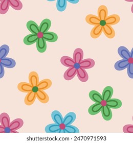 Seamless pattern with cute colorful daisy flowers and beige background