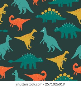 Seamless pattern with cute colorful dinosaur characters on dark background. Template for print, fabric, wallpaper, wrapping paper. Vector illustration