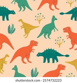 Seamless pattern with cute colorful dinosaur characters and plants on pink background. Template for print, fabric, wallpaper, wrapping paper. Vector illustration