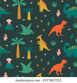 Seamless pattern with cute colorful dinosaur characters and plants on dark green background. Template for print, fabric, wallpaper, wrapping paper. Vector illustration