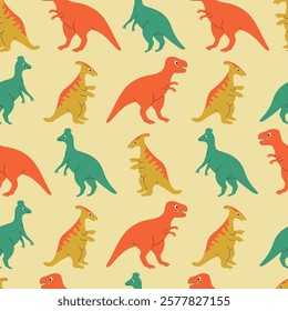 Seamless pattern with cute colorful dinosaur characters. Template for print, fabric, wallpaper, wrapping paper. Vector illustration