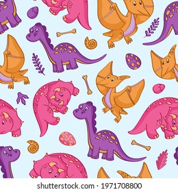 Seamless pattern with cute colorful dinosaurs on a light blue background. Vector flat illustration.