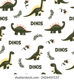 Seamless pattern of cute colorful dinosaurs with floral and geometric elements palms, mountains, clouds, leaves.