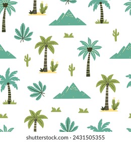 Seamless pattern of cute colorful dinosaurs with floral and geometric elements palms, mountains, clouds, leaves.