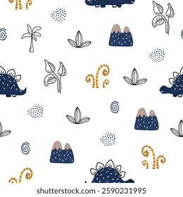 Seamless pattern of cute colorful dinosaurs with floral and geometric elements palms, mountains, clouds, leaves.	
