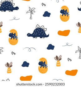 Seamless pattern of cute colorful dinosaurs with floral and geometric elements palms, mountains, clouds, leaves.	
