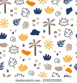 Seamless pattern of cute colorful dinosaurs with floral and geometric elements palms, mountains, clouds, leaves.	
