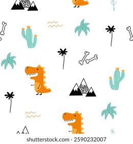 Seamless pattern of cute colorful dinosaurs with floral and geometric elements palms, mountains, clouds, leaves.	
