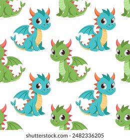 Seamless pattern, cute colorful dragons on a white background. Cute cartoon dinosaurs. Design for textiles, print