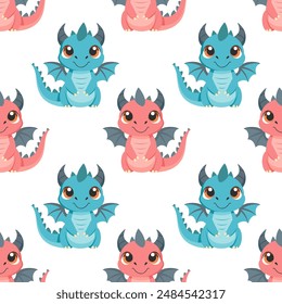Seamless pattern, cute colorful dragons on a white background. Cute cartoon dinosaurs. Design for textiles, print