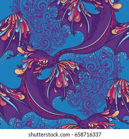 seamless pattern with cute colorful dragons, funky colors, vector illustration