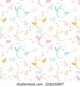 Seamless pattern with cute colorful eggs with wings and hearts on a white background. Hand drawn vector design elements for Easter or design for kids.