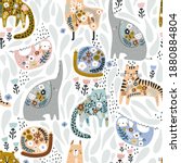 Seamless pattern with cute colorful elephant, llama, sloth, tiger, cheetah, snail. Creative floral texture. Great for fabric, textile Vector Illustration