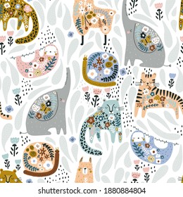 Seamless pattern with cute colorful elephant, llama, sloth, tiger, cheetah, snail. Creative floral texture. Great for fabric, textile Vector Illustration